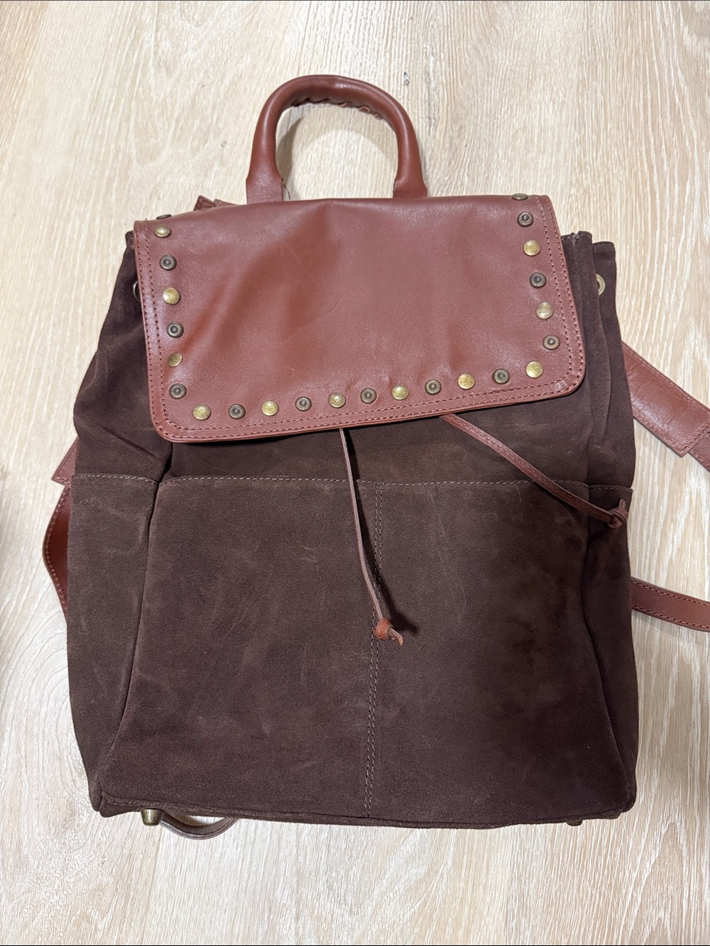 Sundance Dark Brown Suede Backpack with Rust Leather Flap